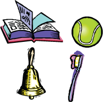 book, ball, bell, and toothbrush