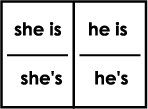 word cards for she is - she’s, and he is - he’s 